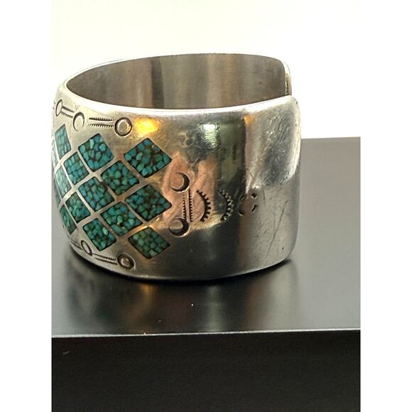One Of The Best Ever Vintage Native American Navajo  Vintage 925 Sterling Silver Navajo Turquoise Inlay Bracelet Signed AJ